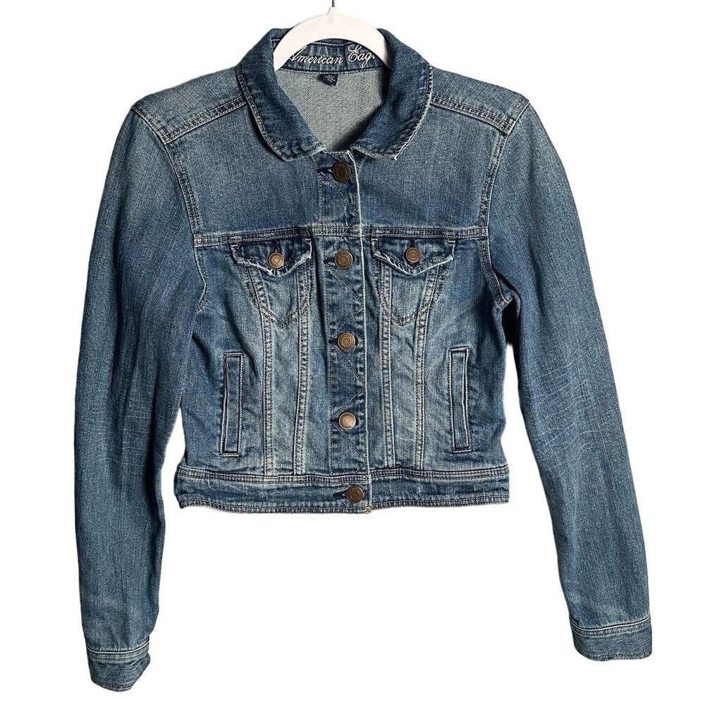 American Eagle Medium Denim Jacket Button Front Collared Stretch grunge 90s y2k